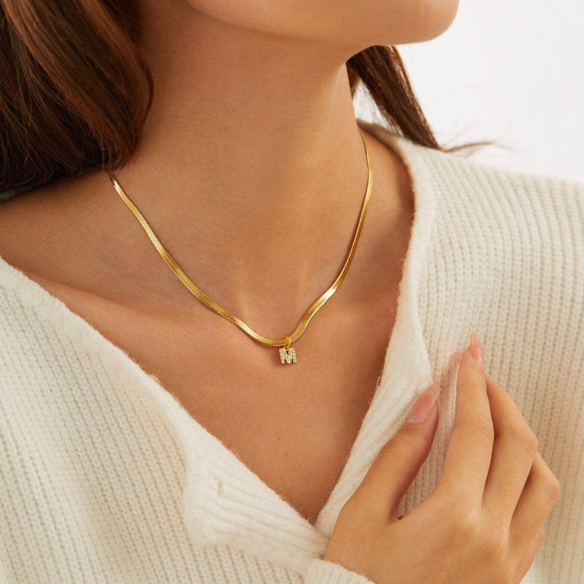 Melly® Diamond Initial Herringbone Necklace
